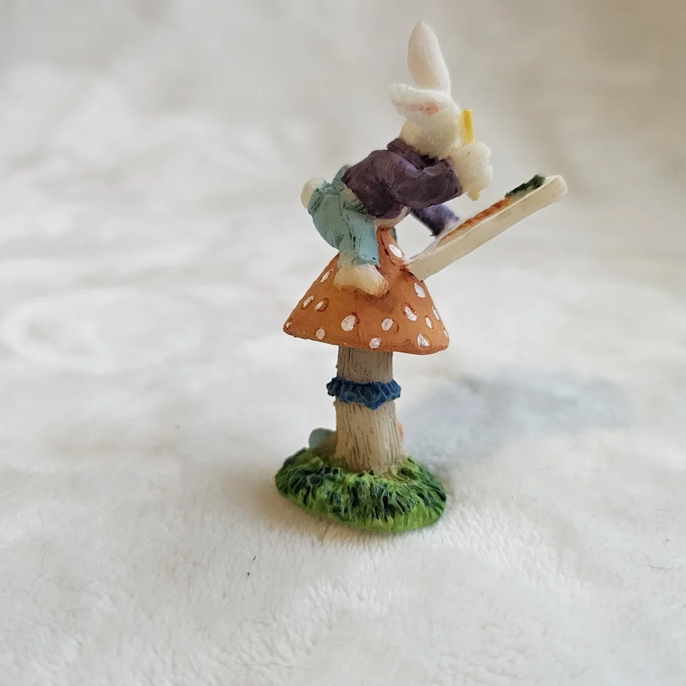 Mini Easter Bunny Figurine on Mushroom Spring Rabbit Decor
